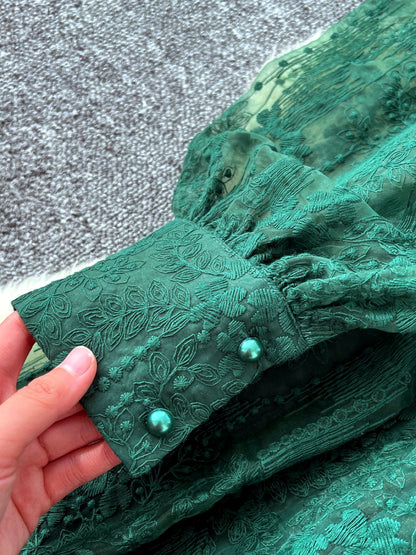 Women's Solid-Color V-Neck Lace-Trim Long-Sleeve Puff-Sleeve Dress - product detail view 3