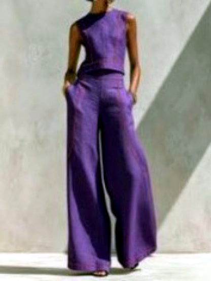 Women's Colorblock Sleeveless Wide-Leg Top & Pants Set in Purple - product view
