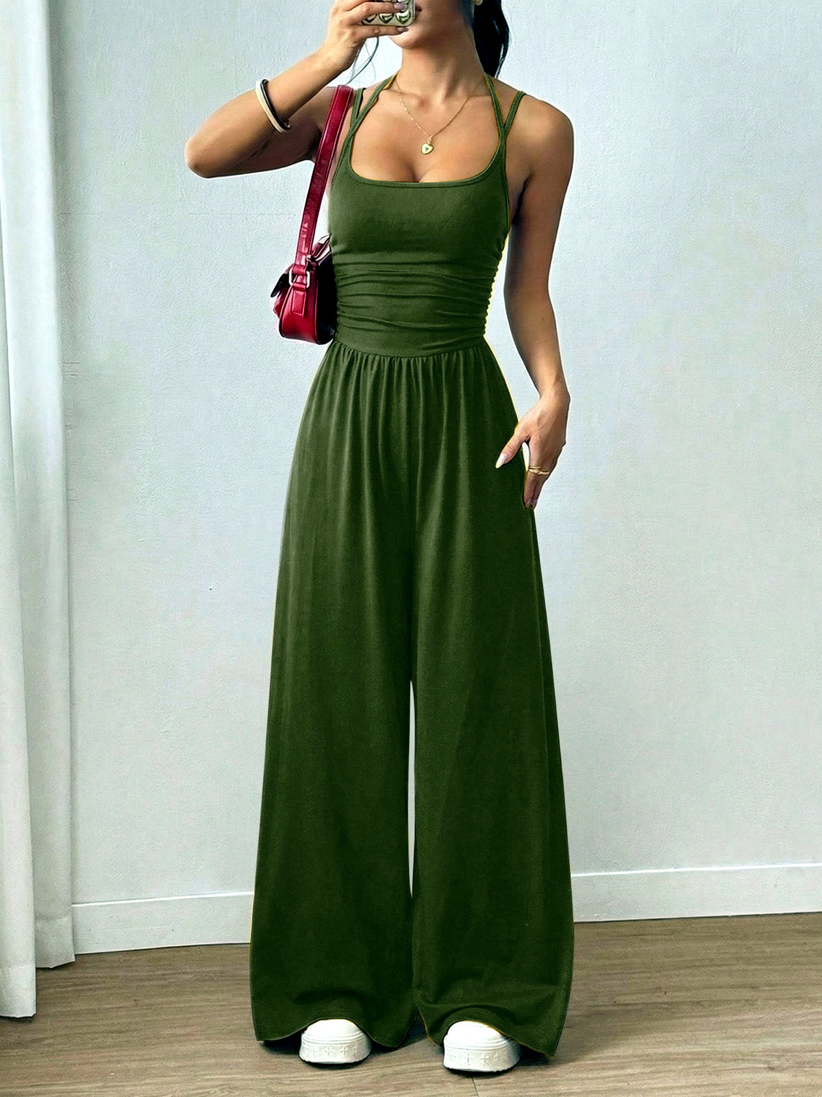 Women's Relaxed-Fit Sleeveless Stretch High-Waist Wide-Leg Jumpsuit in Army Green - product view