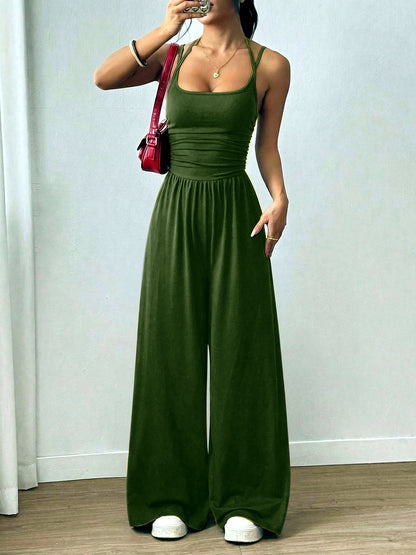 Women's Relaxed-Fit Sleeveless Stretch High-Waist Wide-Leg Jumpsuit in Army Green - product view