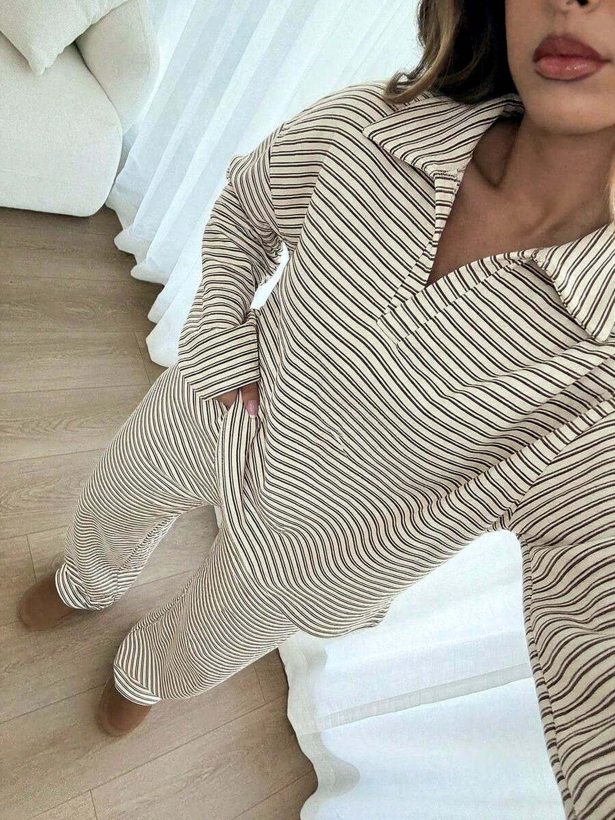 Striped Plaid Printed Point-Collar Long-Sleeve Wide-Leg Top & Pants Set - product detail view 5
