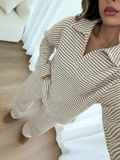 Striped Plaid Printed Point-Collar Long-Sleeve Wide-Leg Top & Pants Set - product detail view 5