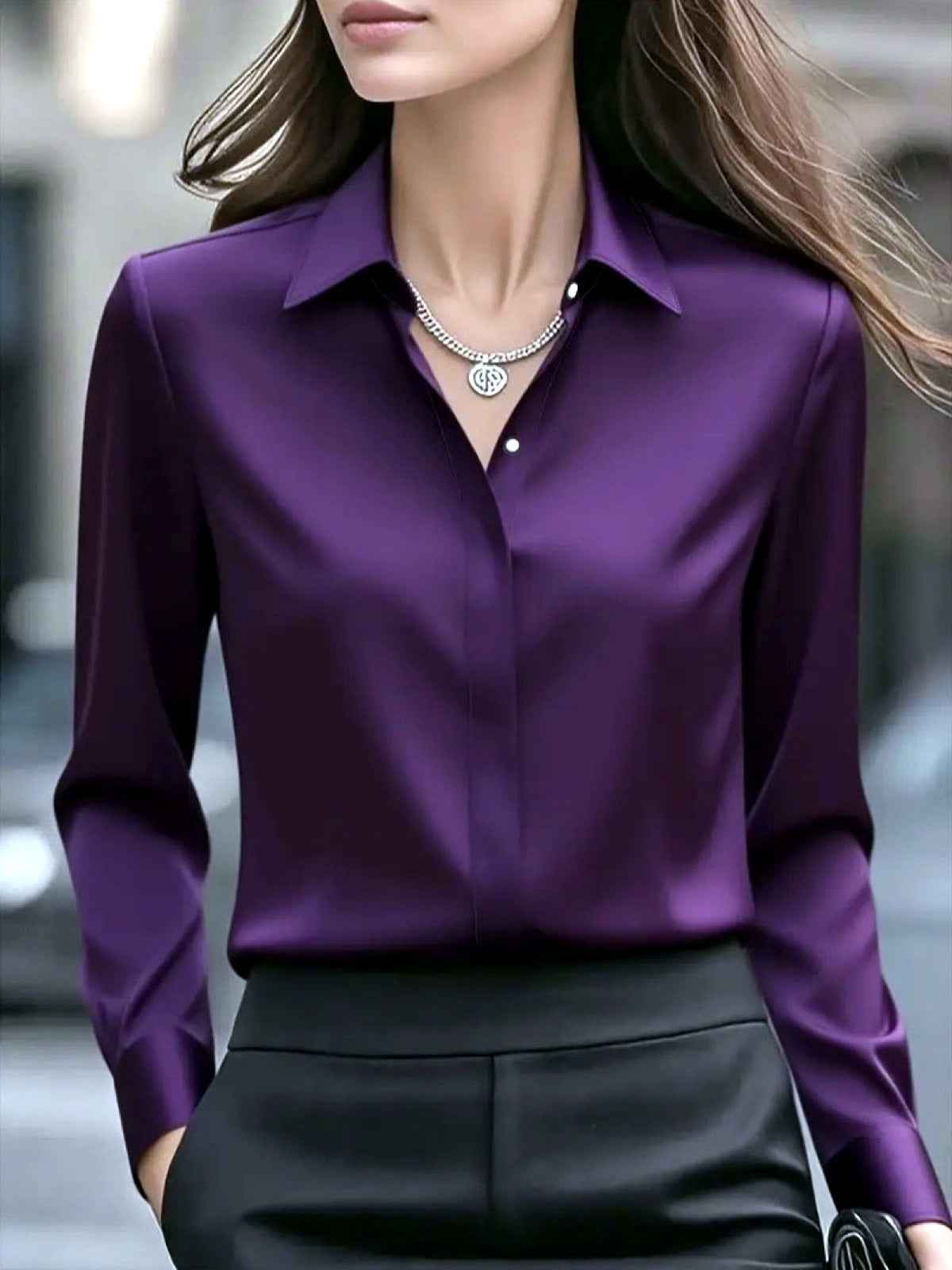 Women's Solid-Color Point-Collar Patchwork Button-Front Shirt in Purple - product view