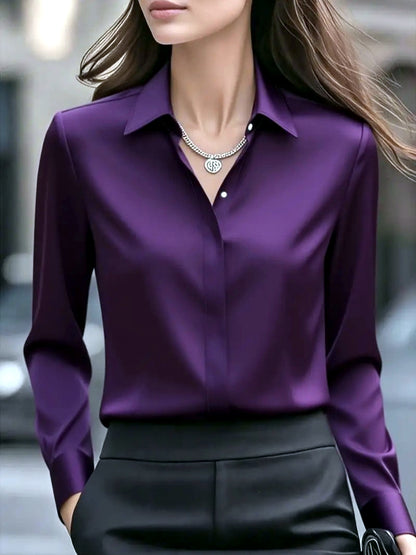 Women's Solid-Color Point-Collar Patchwork Button-Front Shirt in Purple - product view