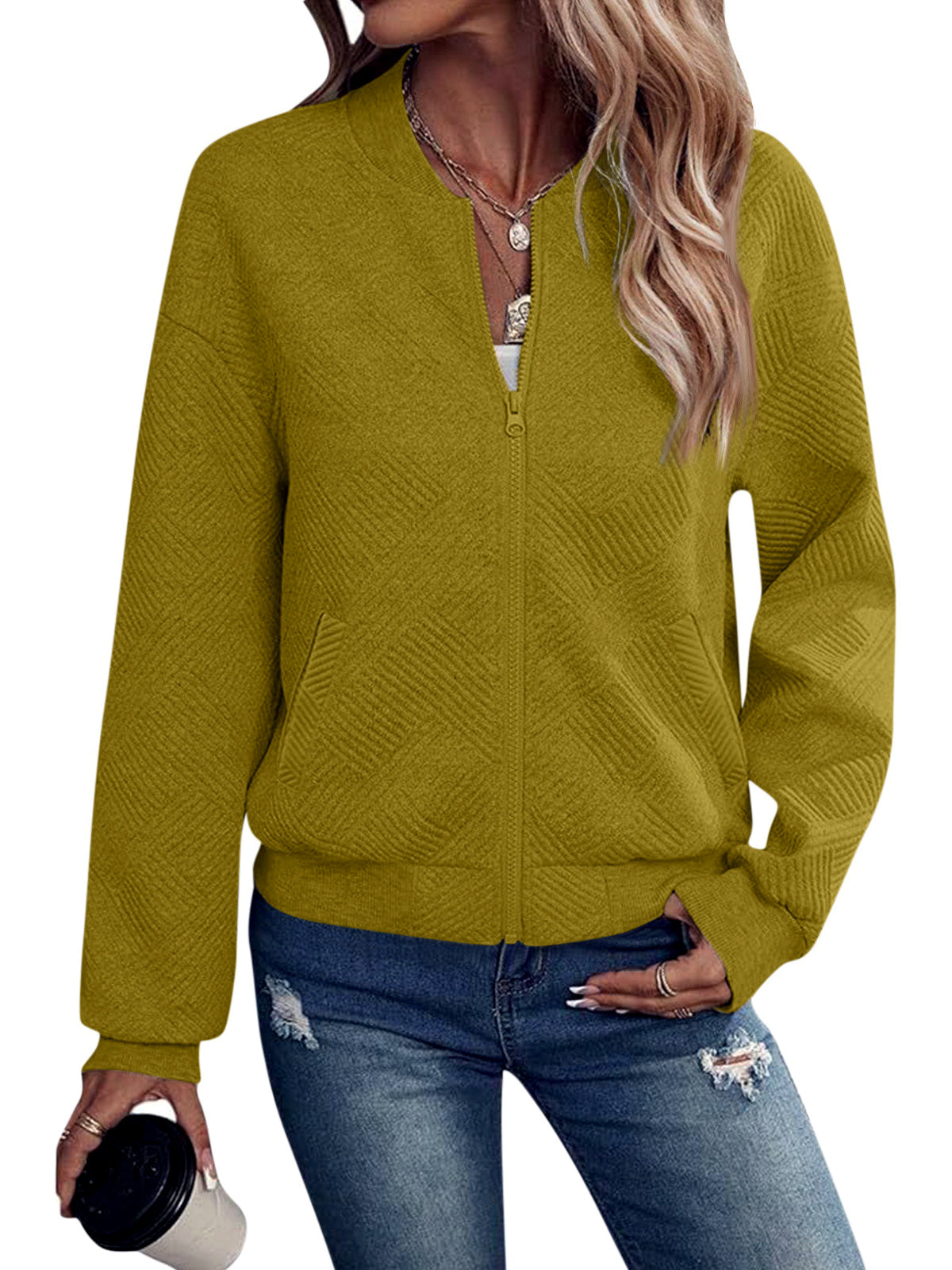 Women's Solid-Color Zip-Front Long-Sleeve Jacket in Yellow - product view