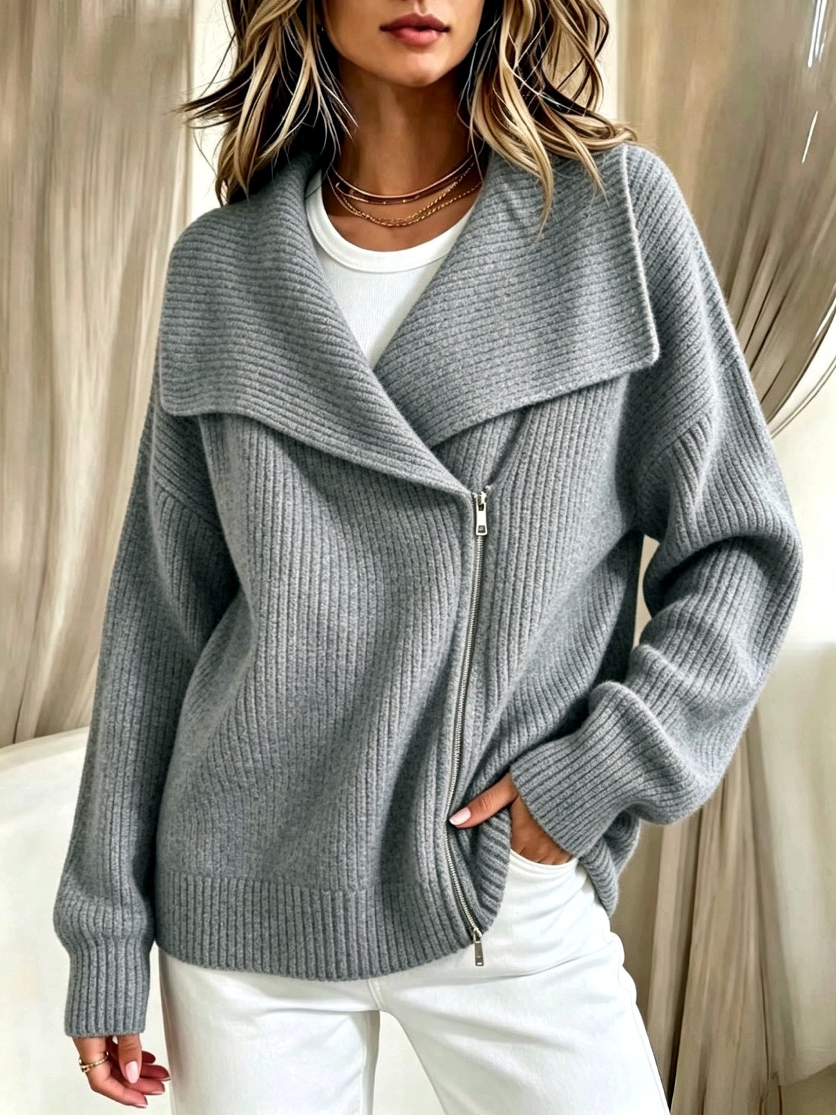 Women's Knit Solid-Color Zip-Front Relaxed-Fit Cardigan in Gray - product view