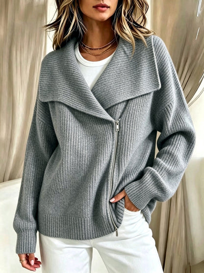 Women's Knit Solid-Color Zip-Front Relaxed-Fit Cardigan in Gray - product view