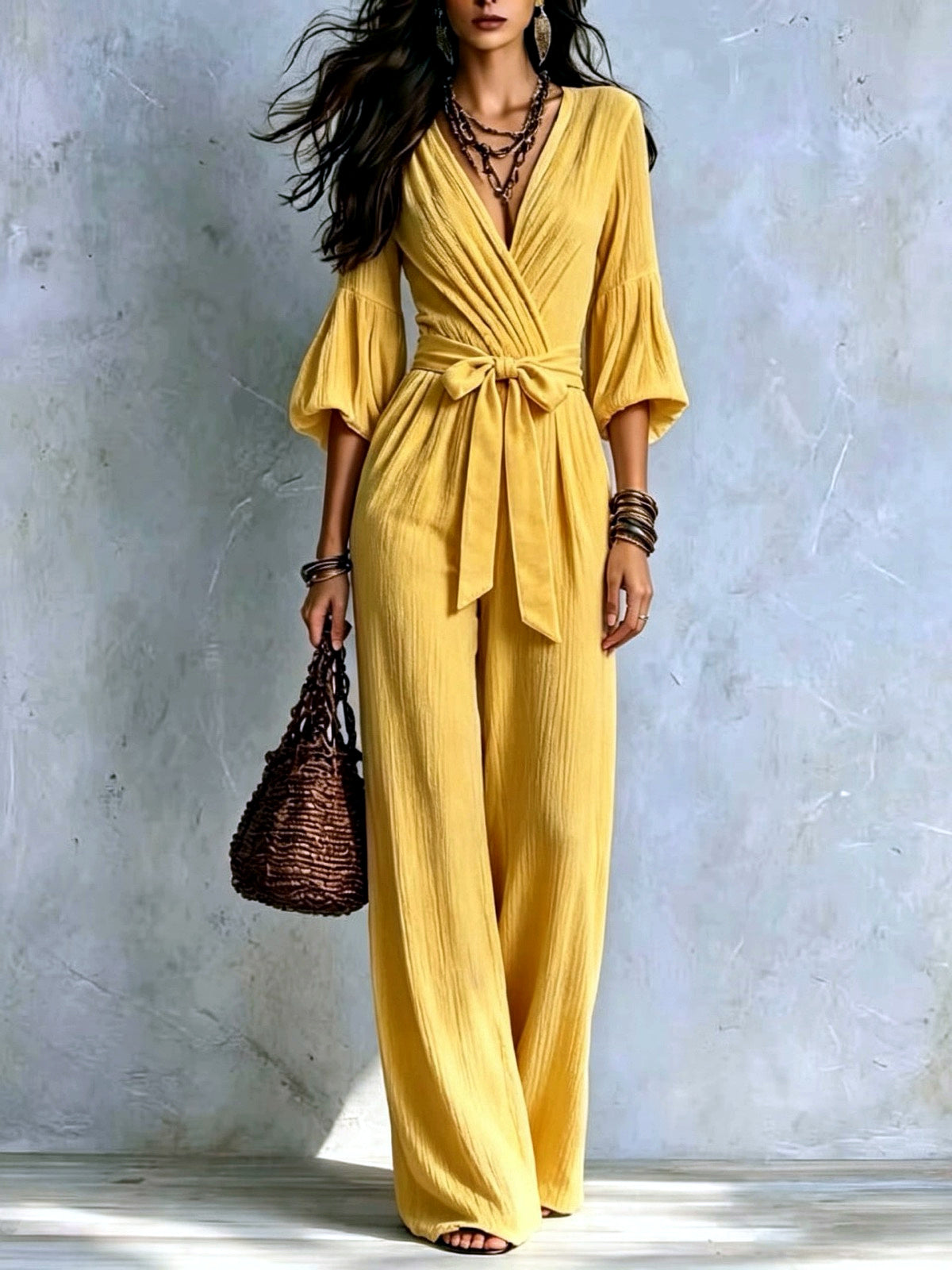 Women's Longline High-Waist Wide-Leg Pants in Yellow - product view