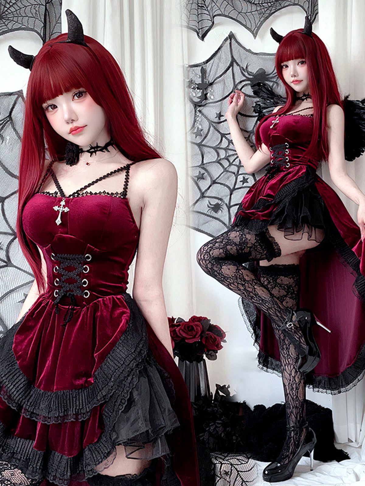 Women's Halloween Witch-Inspired Vampire-Inspired Lace-Trim Dress - product detail view 7