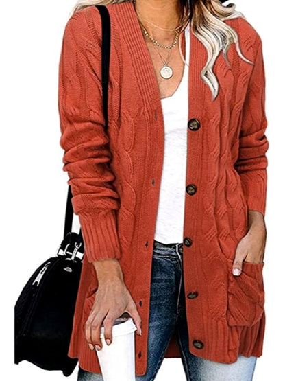 Women's Denim Patchwork Knit Solid-Color Relaxed-Fit Single-Breasted Cardigan in Red - product view