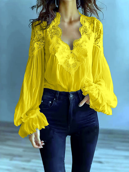 Women's Lace-Trim Patchwork Shirt in Yellow - product view