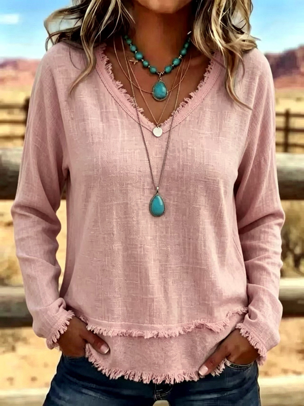 Women's Solid-Color V-Neck Relaxed-Fit Long-Sleeve T-Shirt in Pink - product view