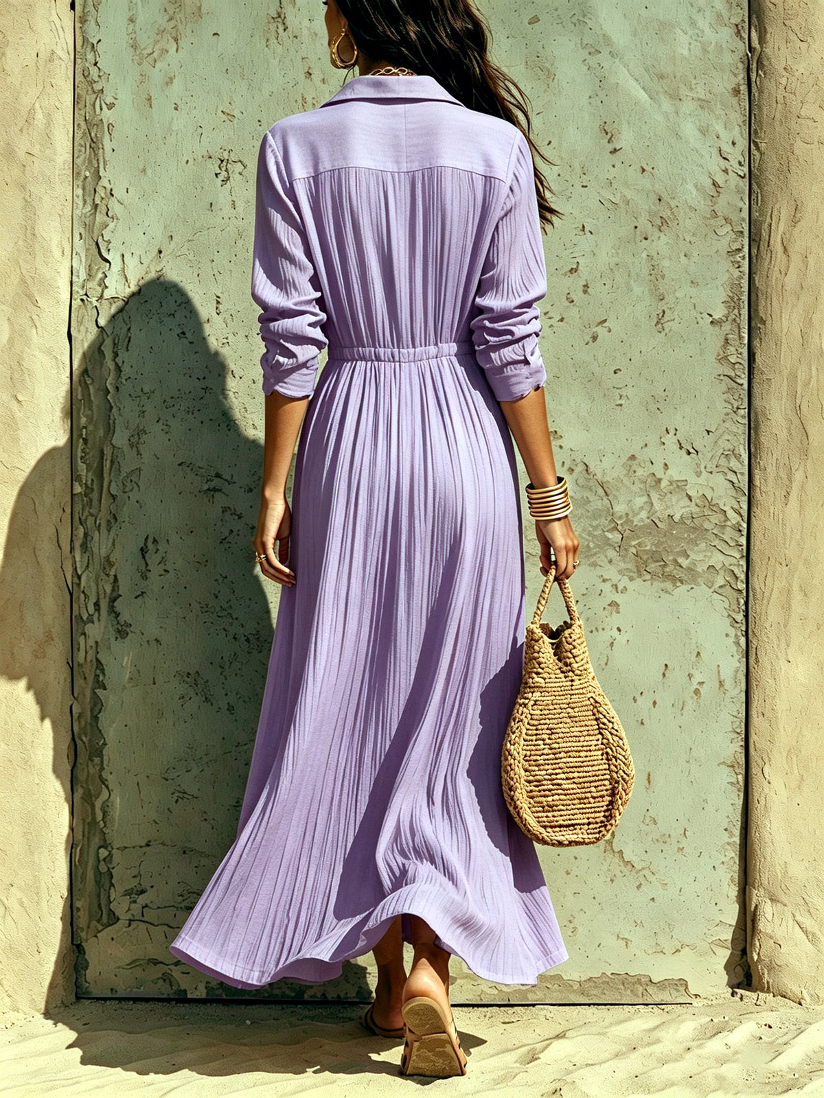 Women's Solid-Color Relaxed-Fit Slim-Fit Point-Collar Long-Sleeve Vacation Dress - product detail view 1