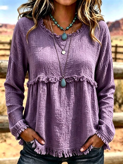 Crew-Neck Long-Sleeve Vintage-Inspired Shirt in Purple - product view