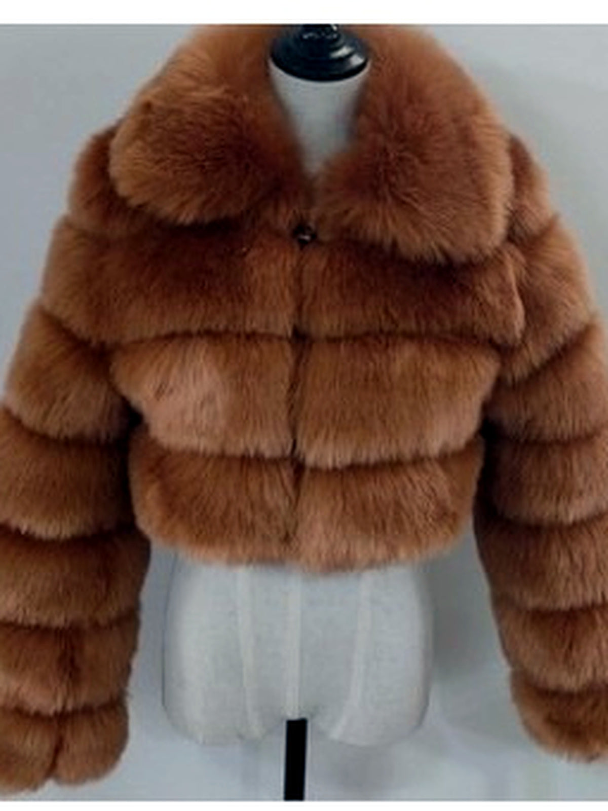 Women's Faux-Fur Point-Collar Stand-Collar Patchwork Long-Sleeve Coat in Brown - product view