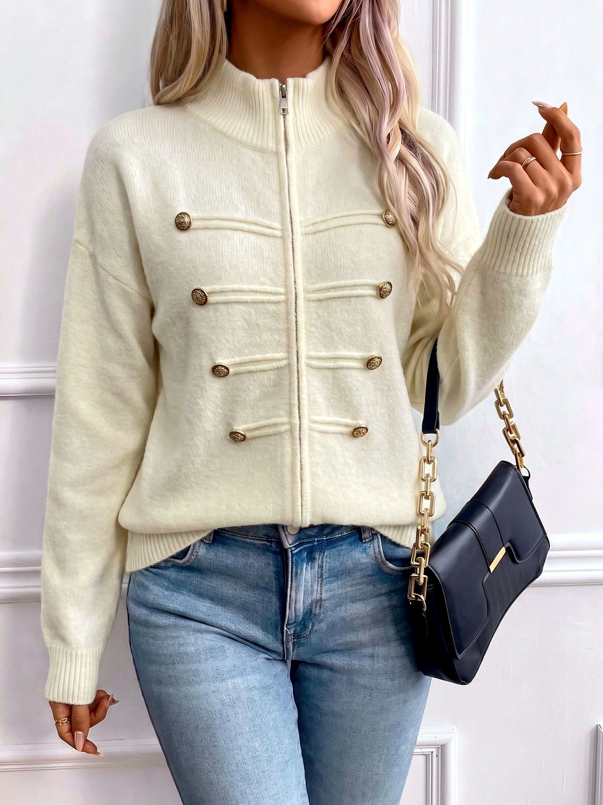 Women's Knit Stand-Collar Zip-Front Cardigan in Beige - product view