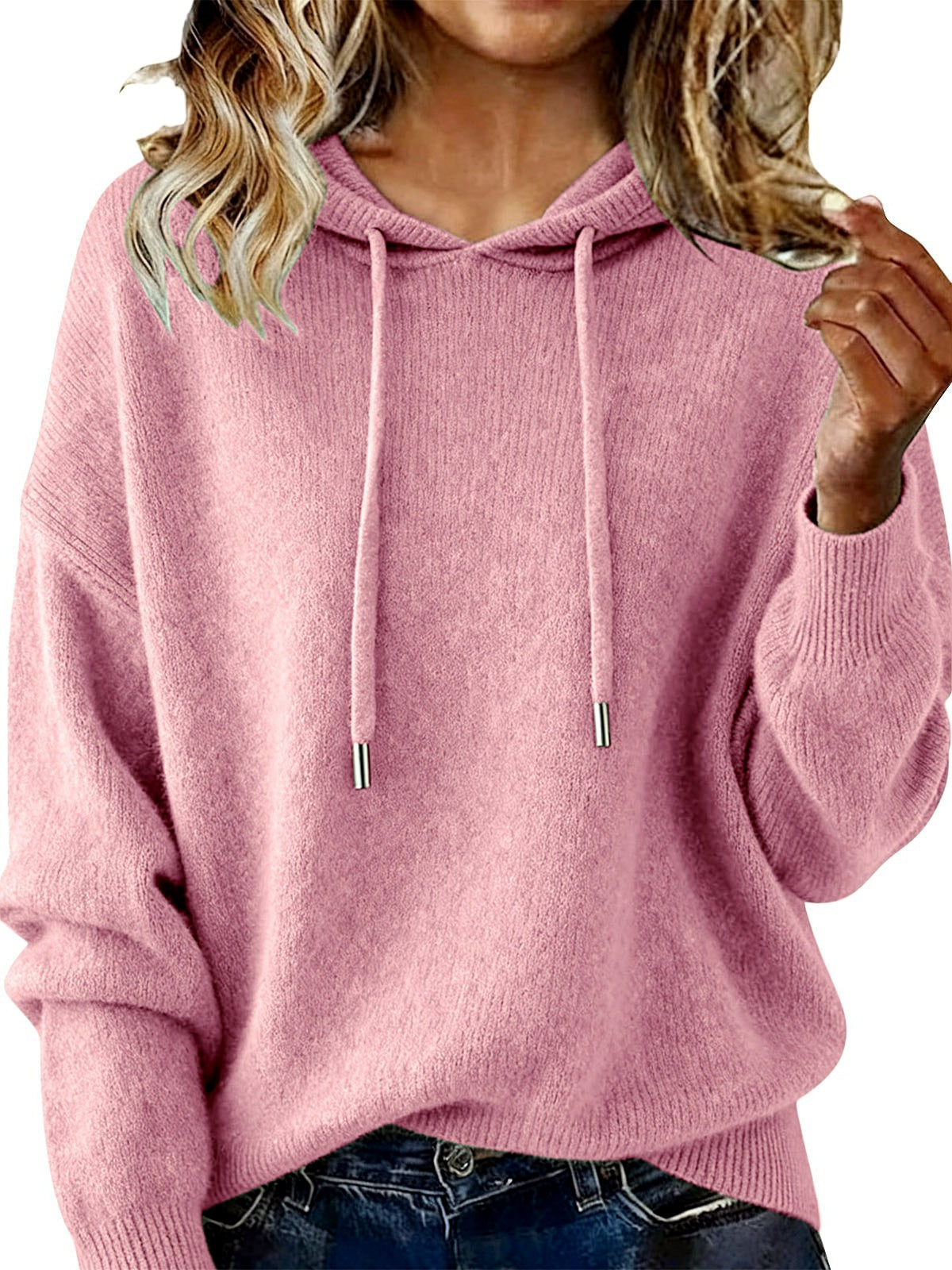 Women's Solid Color Long Sleeve Knit Sweater in Pink - product view