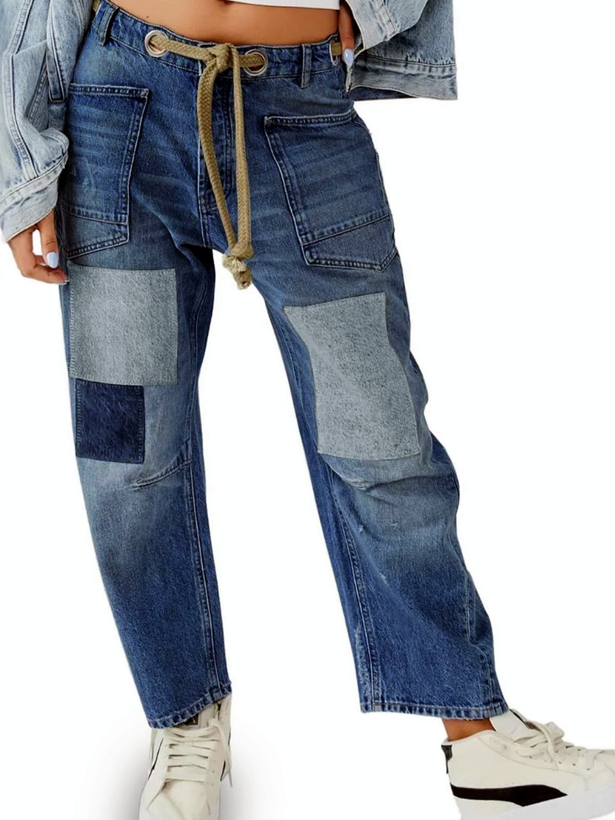 Women's Wide Leg Straight Jeans, Loose Denim Pants with Patchwork and Splatter Print Options