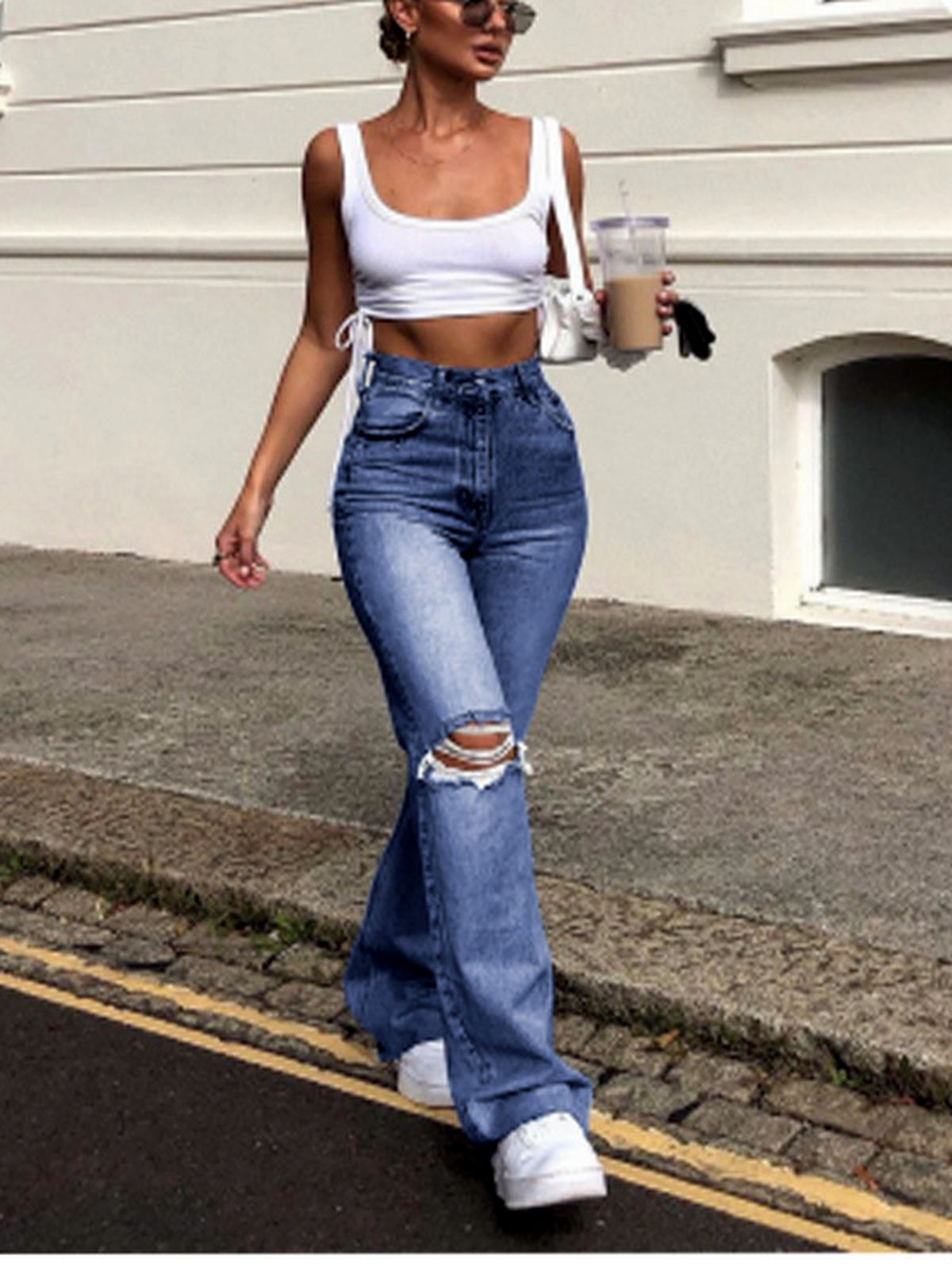 Women's Ripped Wide Leg Flare Jeans, Washed Distressed Denim Pants with Relaxed Streetwear Fit