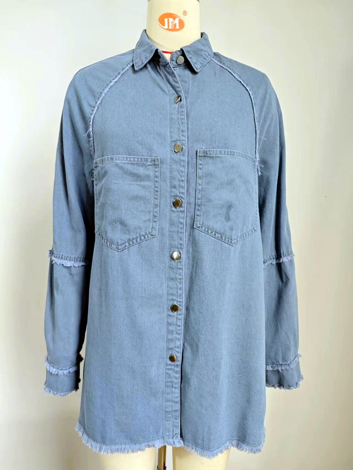 Women's Washed Denim Patchwork Dress, Raw Hem Long Sleeve Layered Jean Dress Set Look