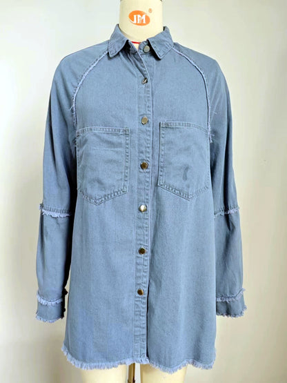 Women's Washed Denim Patchwork Dress, Raw Hem Long Sleeve Layered Jean Dress Set Look