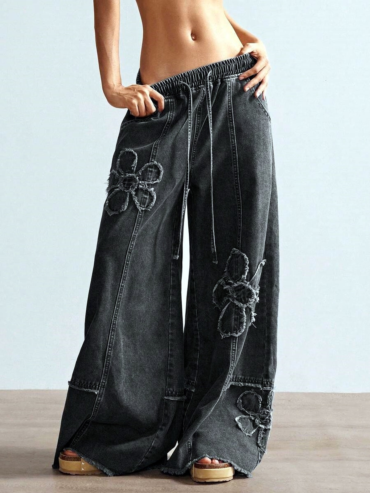 Women's High Waist Embroidered Wide Leg Jeans, Floor Length Streetwear Denim Pants