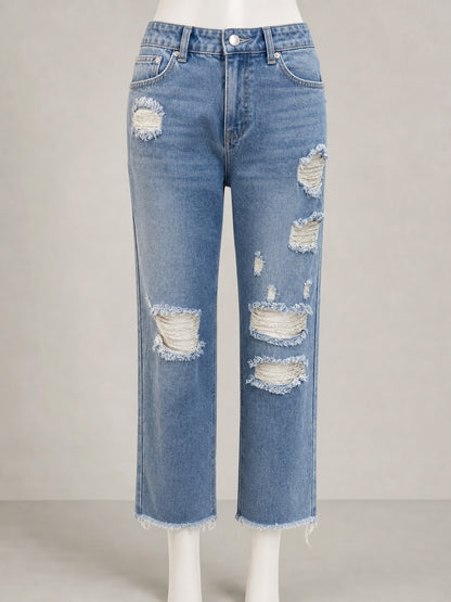 Women's Ripped Straight Leg Cropped Jeans, Washed Denim Pants with Frayed Hem Casual Fit