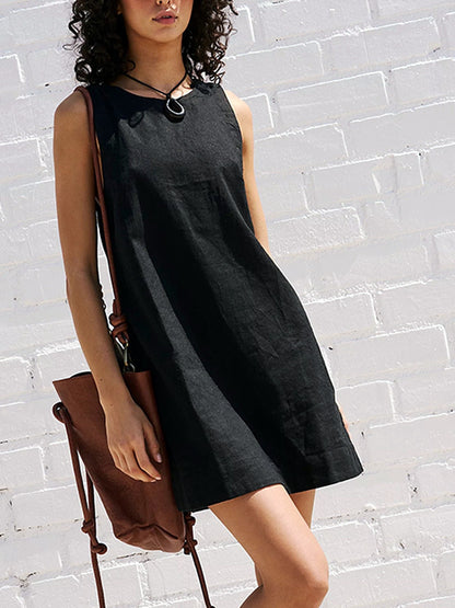 Women's Linen Blend Backless Mini Dress, Sleeveless Solid Color Summer Tank Dress