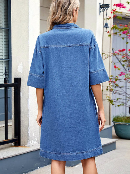 Women's V Neck Denim Midi Dress, Washed Short Sleeve Loose Jean Dress with Casual Relaxed Fit
