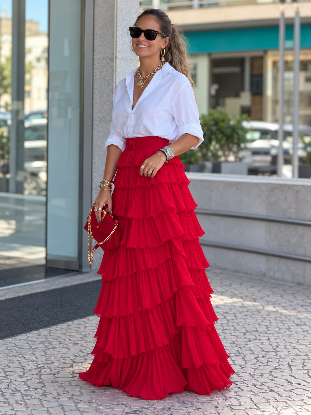 Women's Solid-Color Patchwork Longline Stretch Midi High-Waist Skirt
