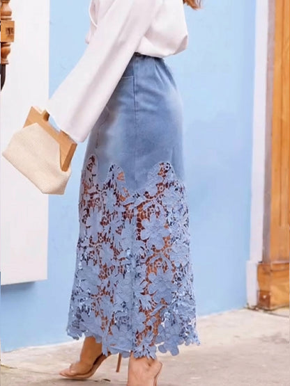Jupe en jean patchwork et dentelle, chic et décontractée