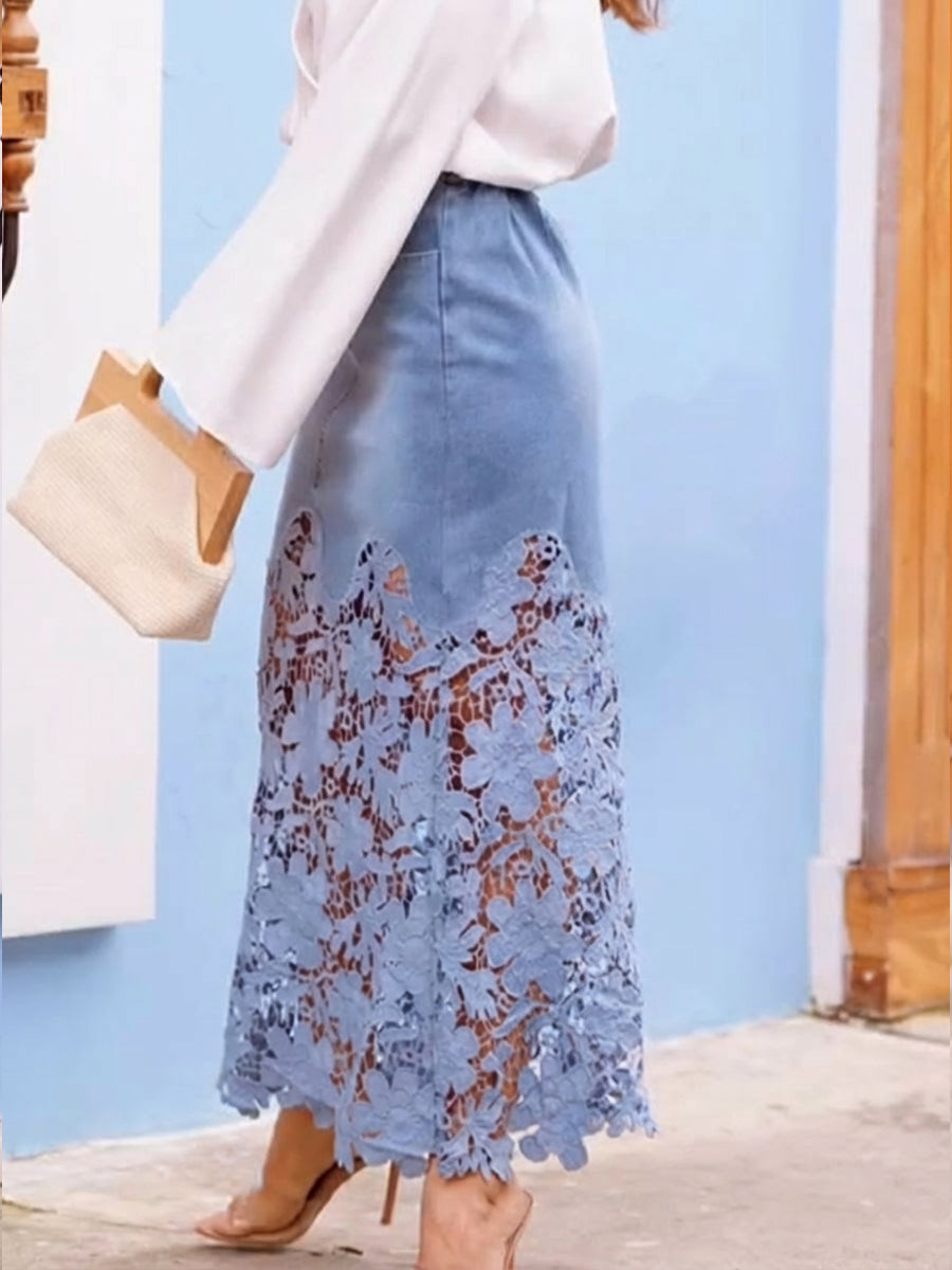 Jupe en jean patchwork et dentelle, chic et décontractée