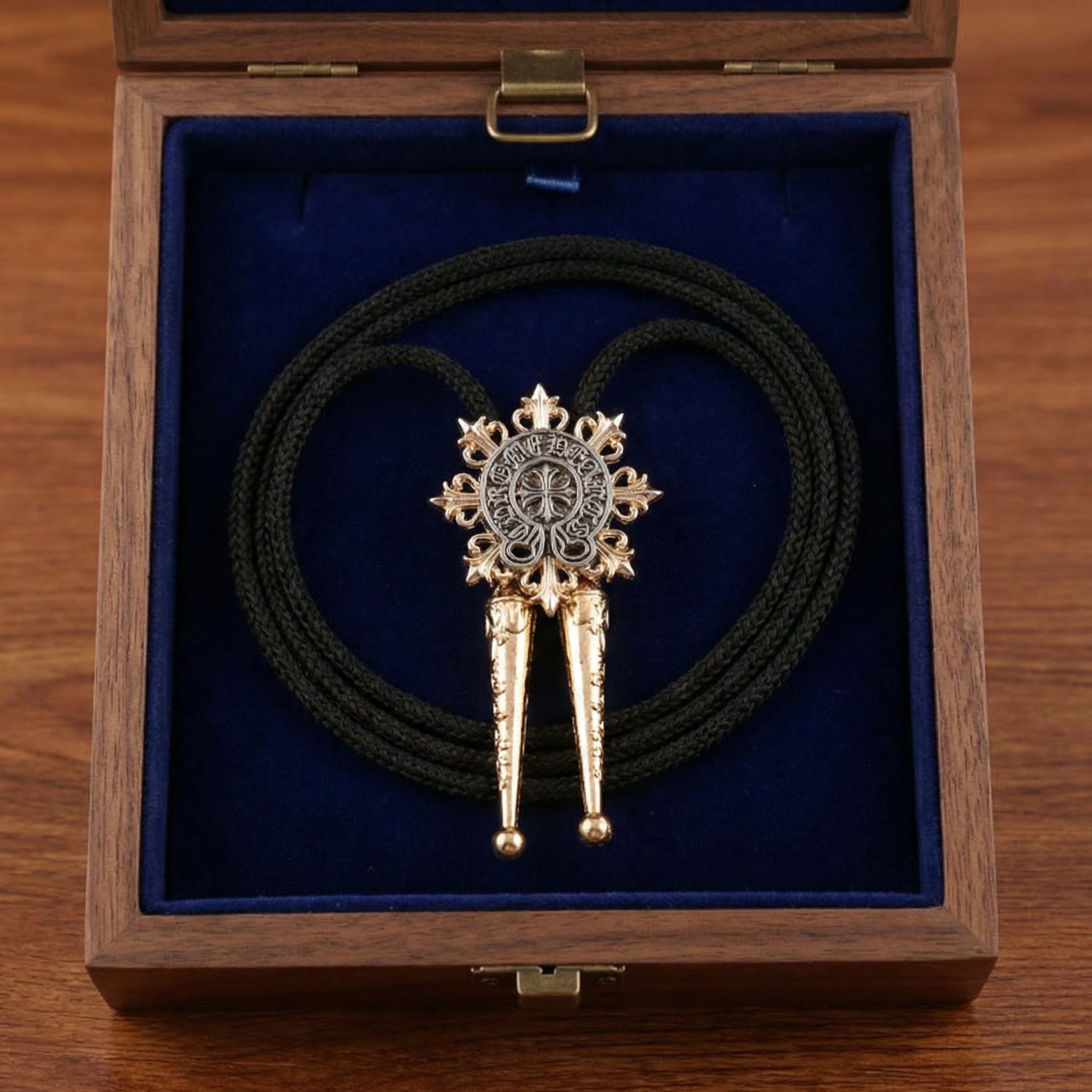 Sanskrit crown cross cowboy bolo tie, feather pendant men's chrome necktie