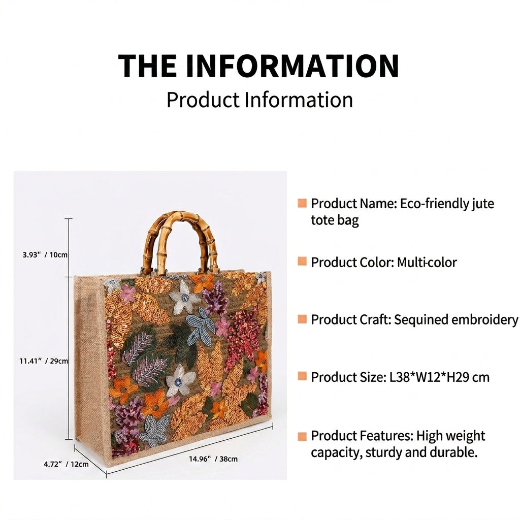 Luxury Bamboo Handle Sequin Floral Tote Bag - Large Capacity Straw & Jute Embroidered Travel Handbag