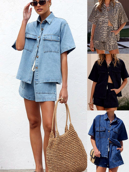 Women's Relaxed Short Sleeve Button-Up Shirt & Drawstring Shorts Two-Piece Set - product detail view 6