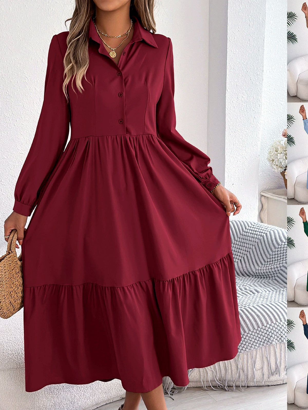 Women's Solid-Color Relaxed-Fit High-Waist Point-Collar Long-Sleeve Streetwear Shirt - product detail view 5