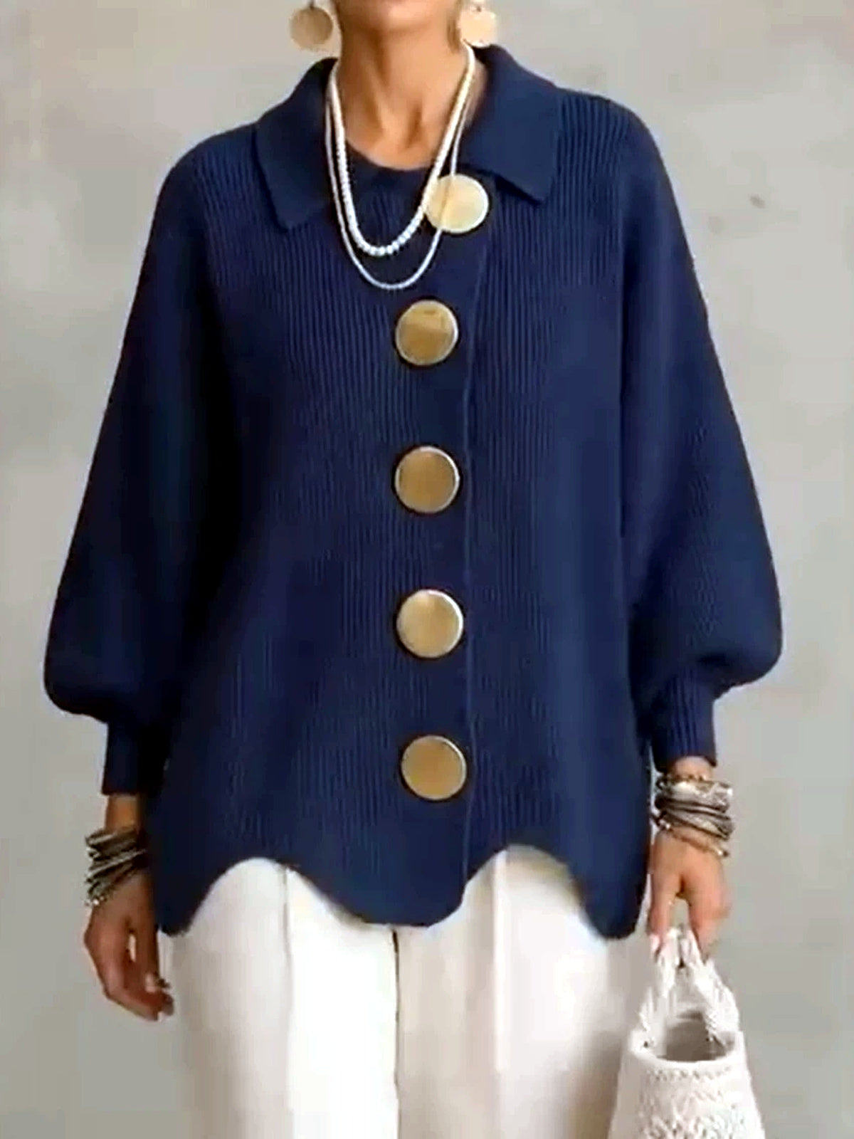 Knit Point-Collar Relaxed-Fit Cardigan - product detail view 3