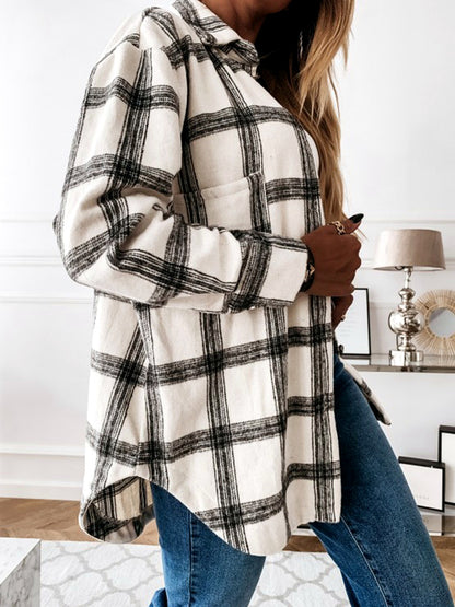 Women's Plaid Point-Collar Patchwork Relaxed-Fit Long-Sleeve Woven-Panel Cardigan - product detail view 7