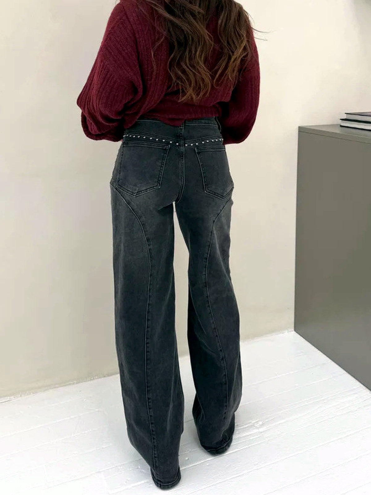 Women's Denim Knit High-Waist Straight-Leg Streetwear Pants - product detail view 8