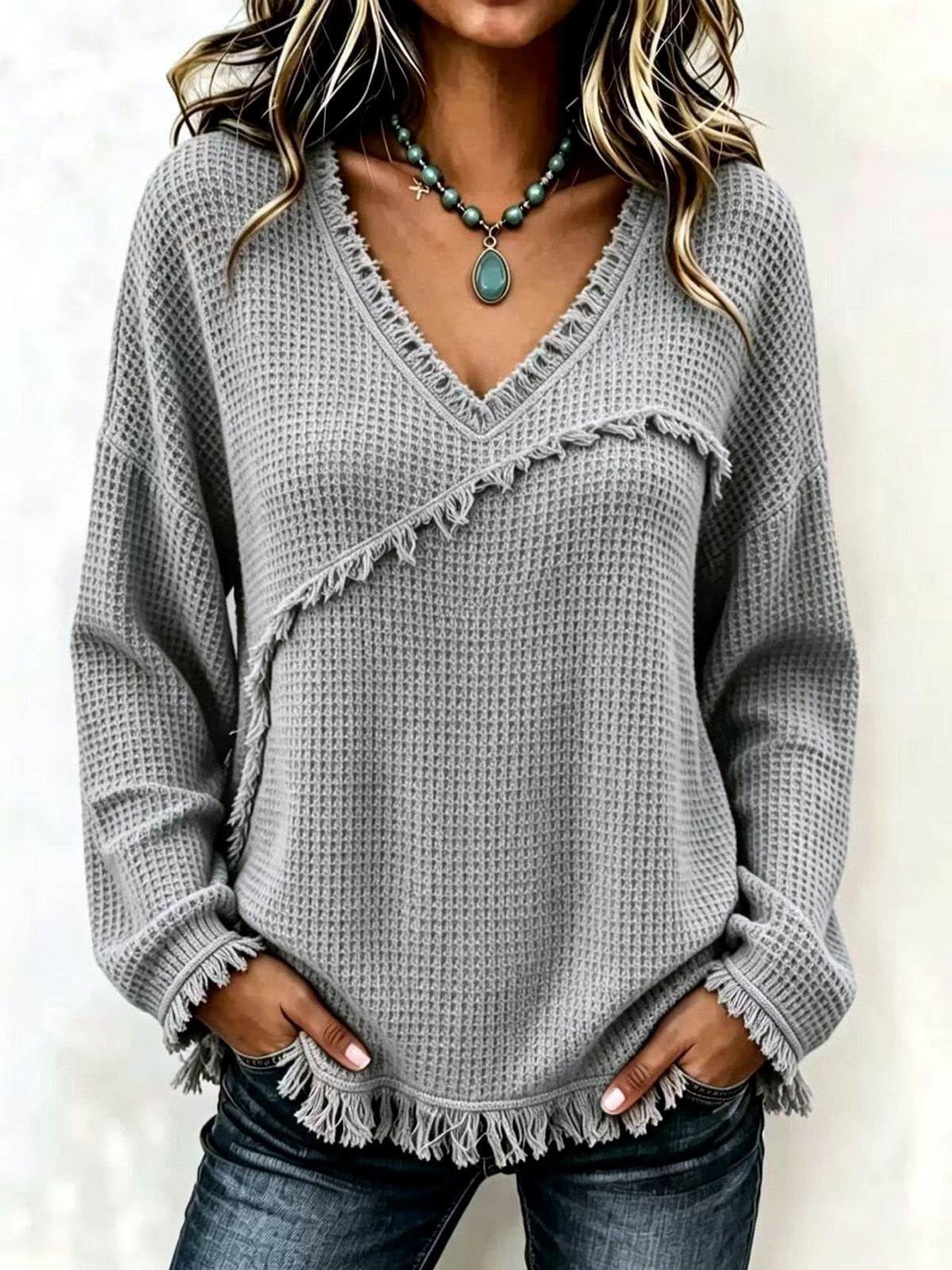 Women's Solid-Color V-Neck Fringe-Trim Relaxed-Fit Long-Sleeve Shirt in Gray - product view