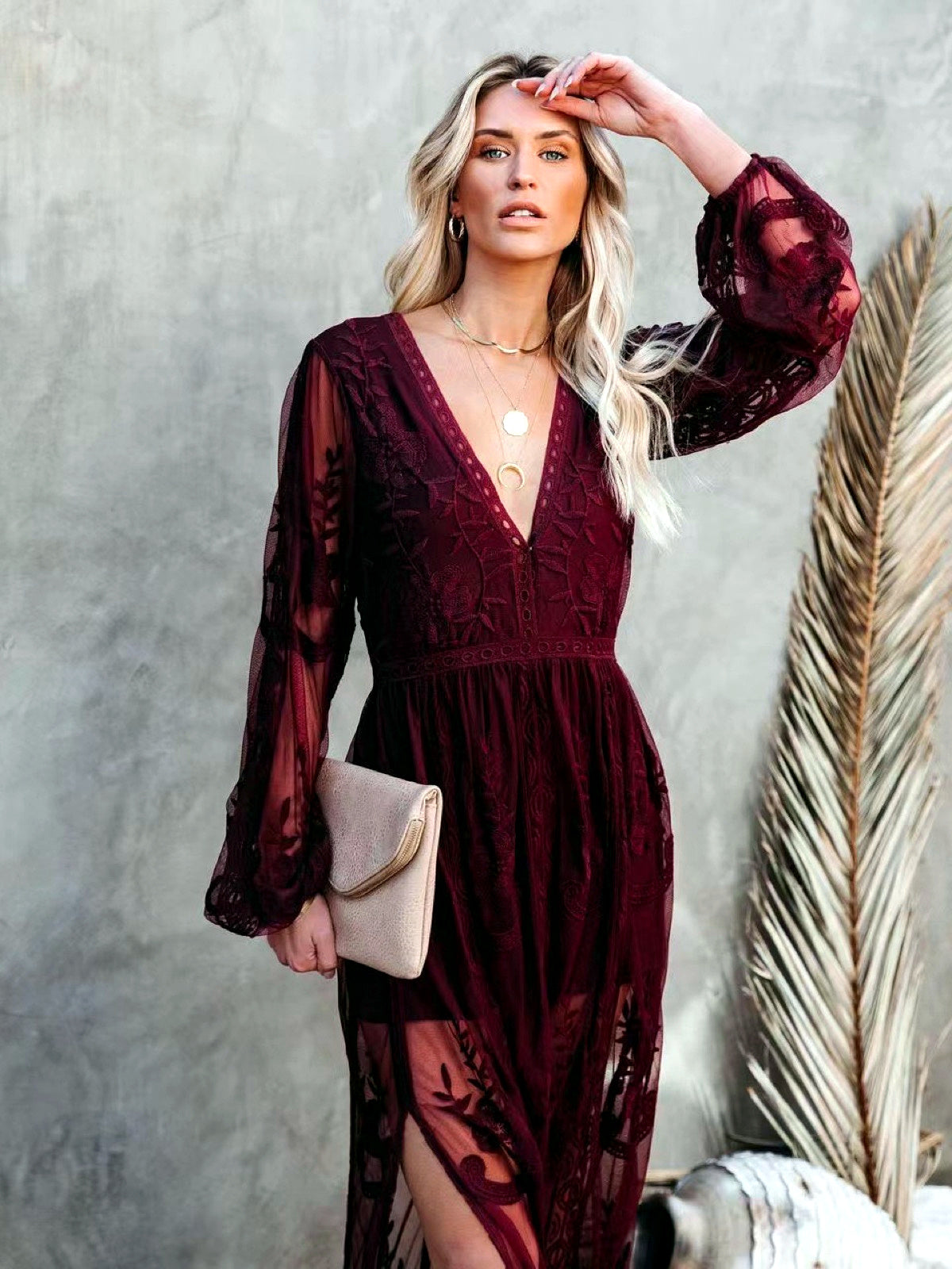 Women's Solid-Color V-Neck Lace-Trim Zip-Front Long-Sleeve Dress - product detail view 7