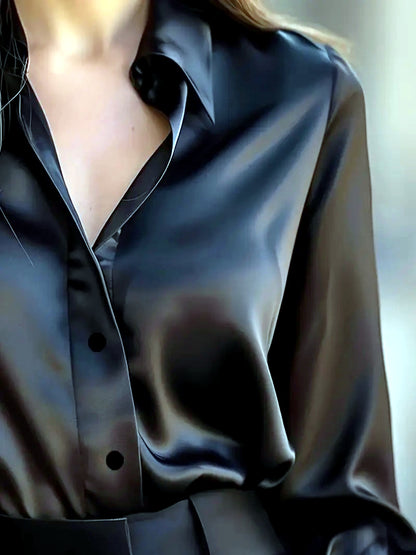 Women's Solid-Color V-Neck Patchwork Button-Front Long-Sleeve Shirt - product detail view 6