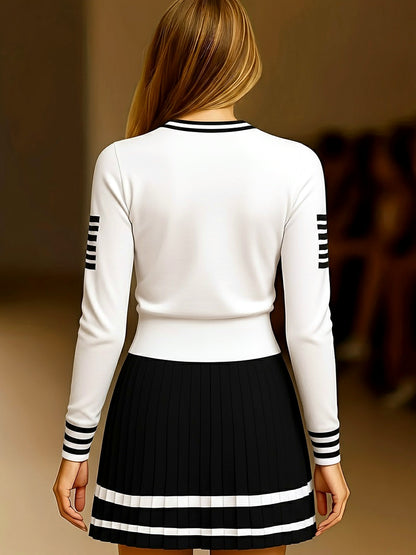 Women's Crew-Neck Knit Striped Solid-Color Long-Sleeve Office Dress - product detail view 7