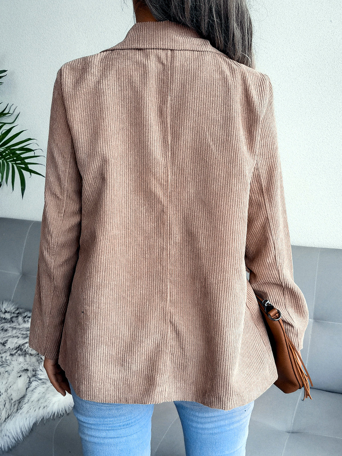 Women's Corduroy Plaid Slim-Fit Point-Collar Long-Sleeve Streetwear Blazer - product detail view 7