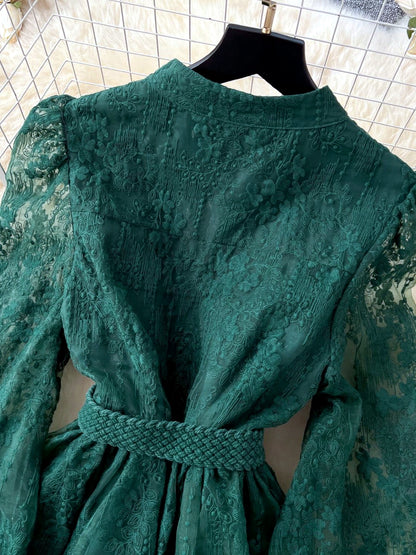 Women's Solid-Color V-Neck Lace-Trim Long-Sleeve Puff-Sleeve Dress - product detail view 4
