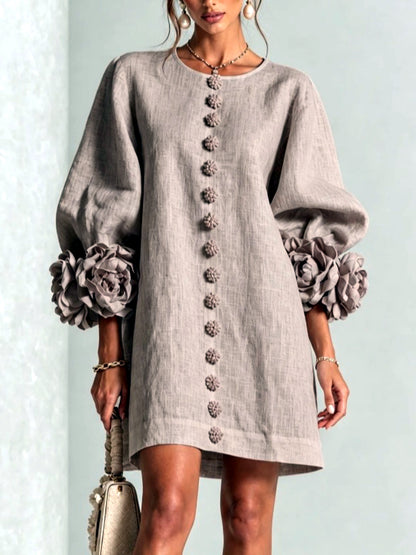Women's Solid-Color Crew-Neck Button-Front Pullover Relaxed-Fit Dress in Gray - product view