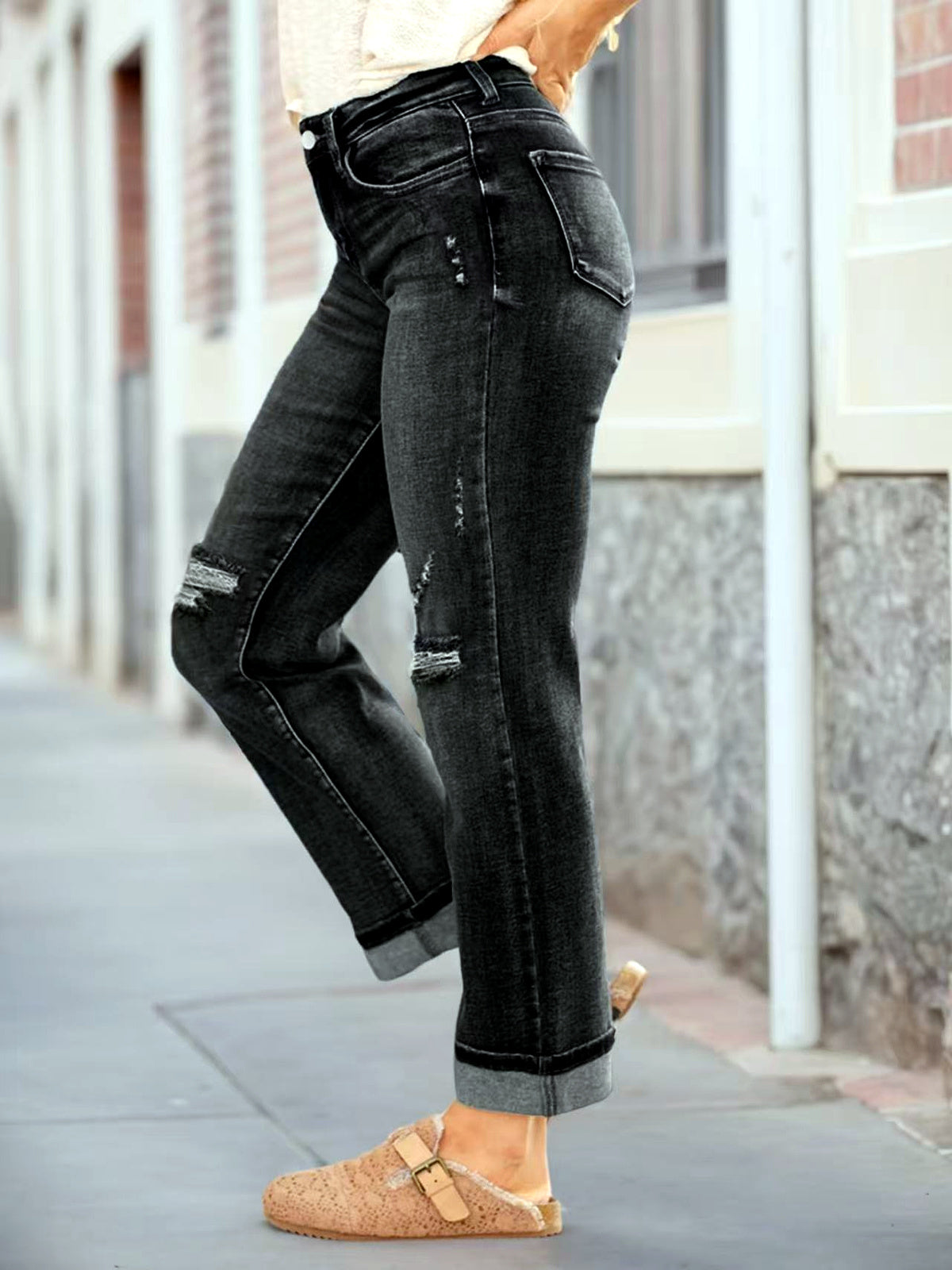 Women's Stretch Denim Mid-Rise Straight-Leg Jeans - product detail view 7