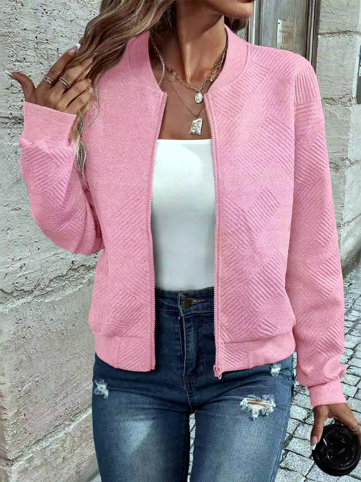 Women's Solid-Color Zip-Front Long-Sleeve Jacket in Red - product view