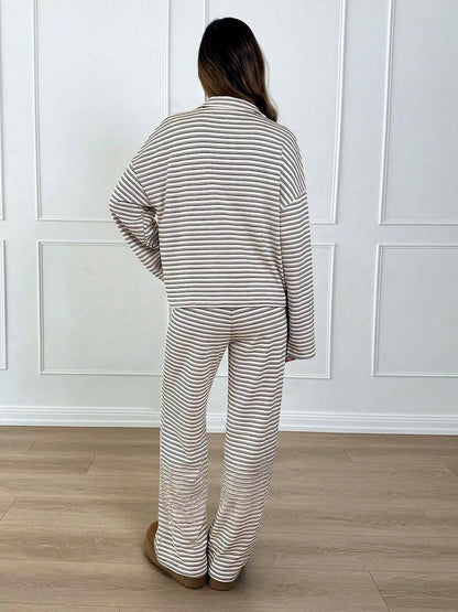 Striped Plaid Printed Point-Collar Long-Sleeve Wide-Leg Top & Pants Set - product detail view 6