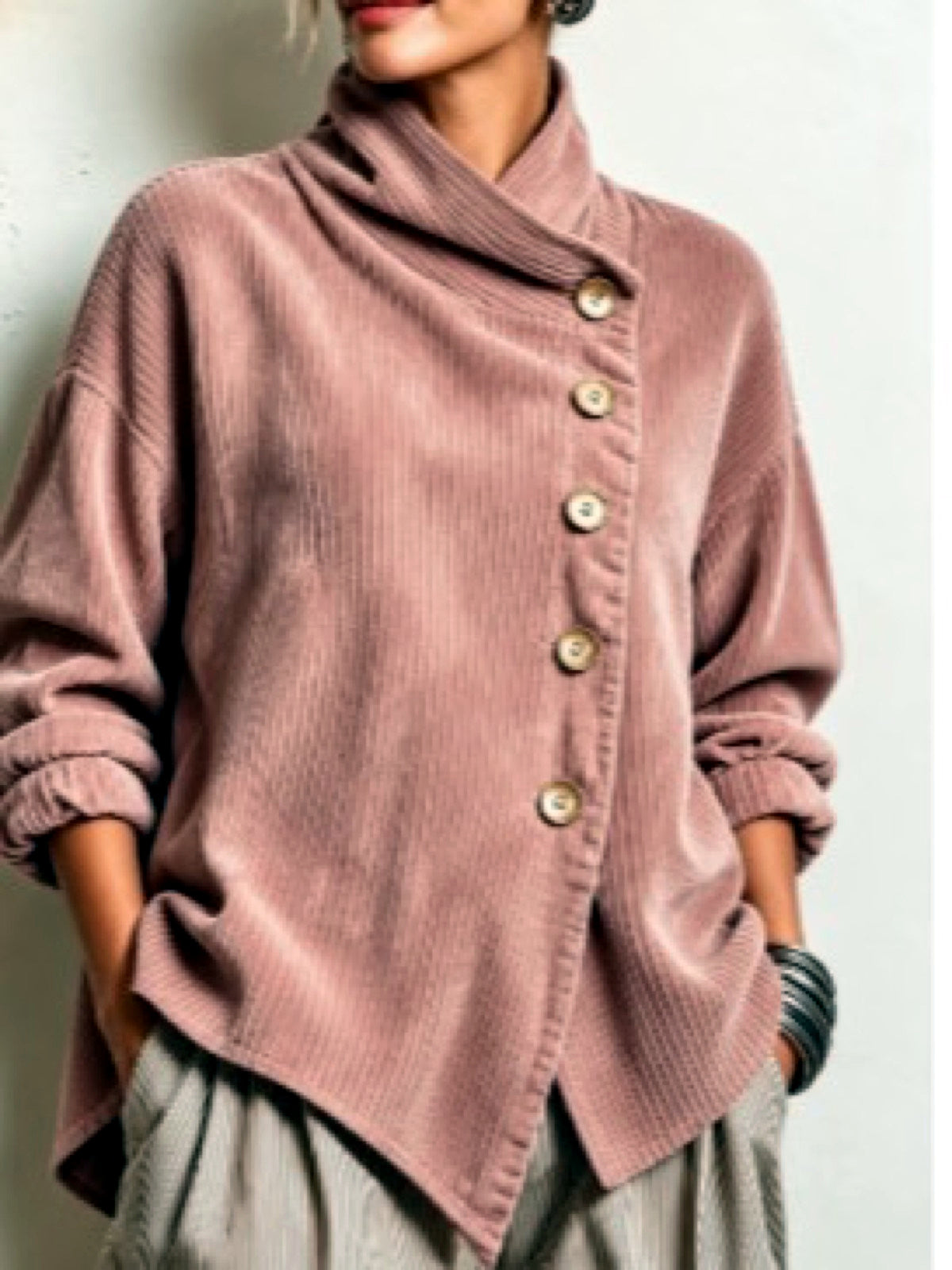 Women's Corduroy Relaxed-Fit Asymmetric Jacket in Red - product view